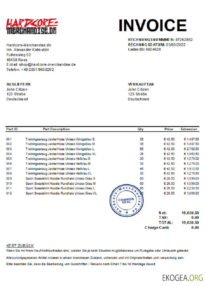 Allemagne Hardcore Marchandise facture J. C. xls